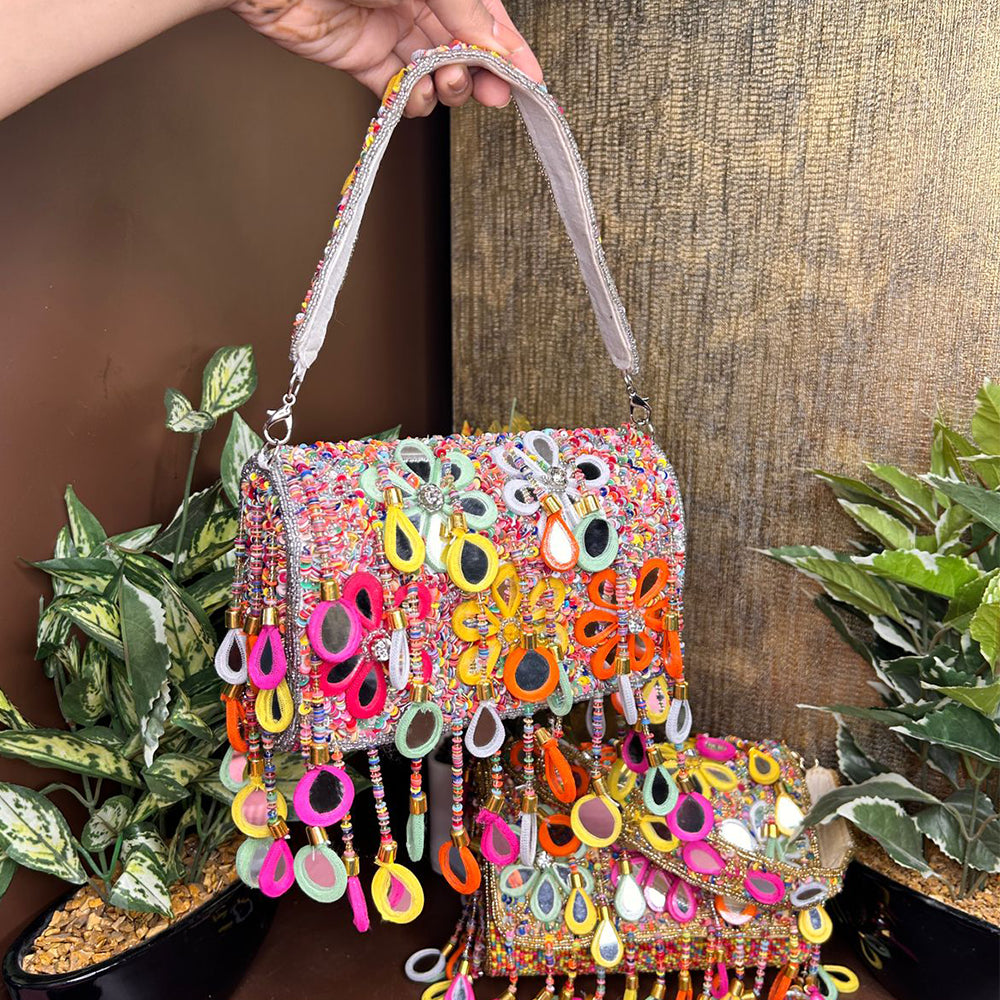 MULTI MIRROR  FLOWER  HAND BAG