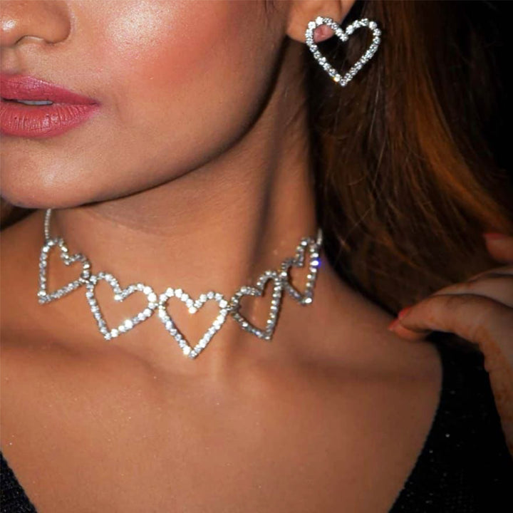 RHINESTONE HEART CHOKER EARING SET